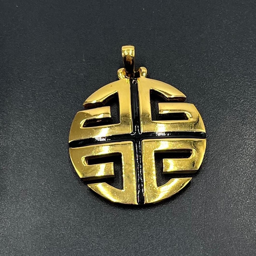 Givenchy Designer Signed Vintage "4g" Black Enamel Gold Plated Round Pendant